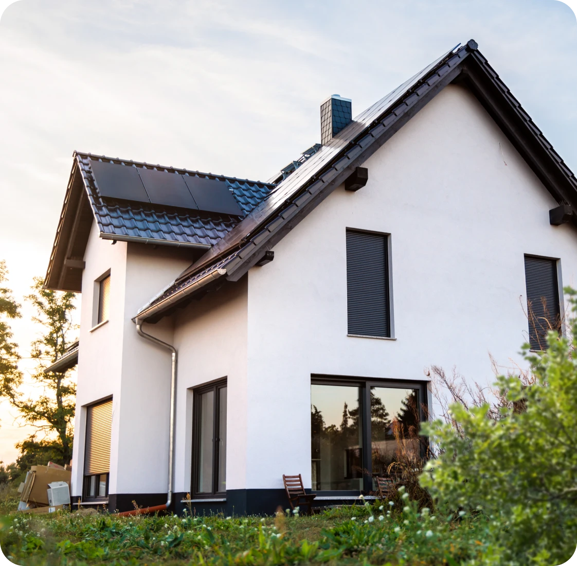 Contemporary home exterior at sunset
