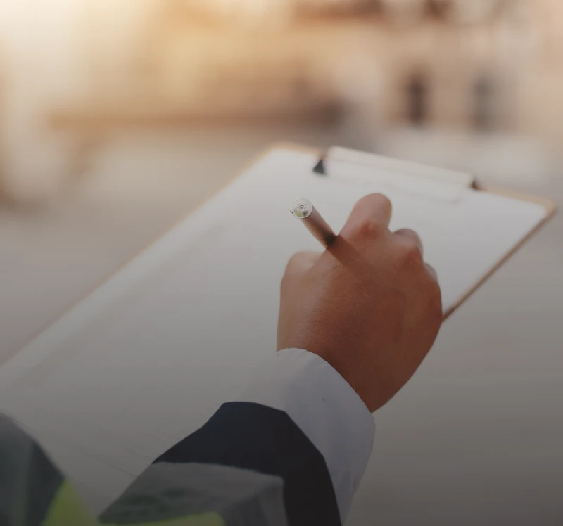 Close-up of clipboard and pencil writing